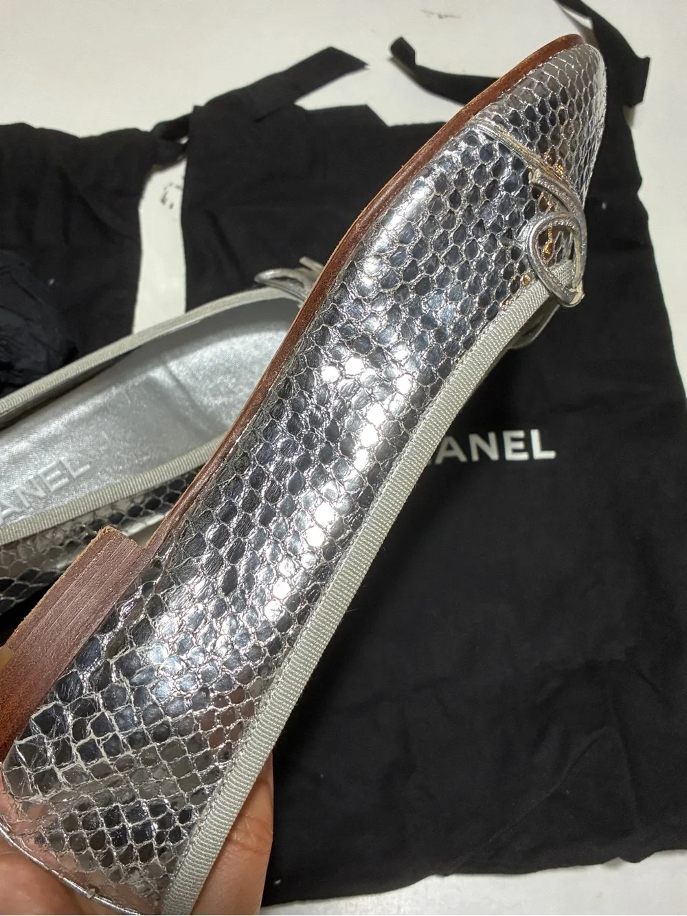 CHANEL Silver Metallic Snakeskin Quilted Ballerina Flats
